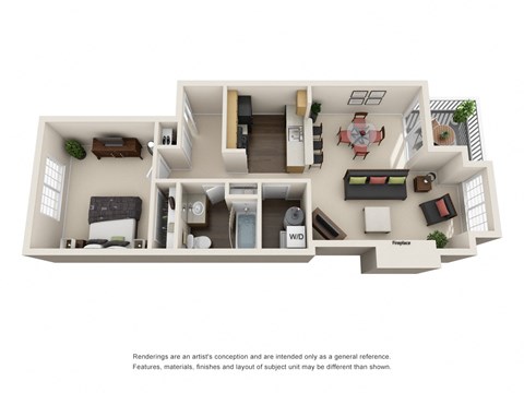 Floor plan for 1 bed, 1 bath, 661 sqft